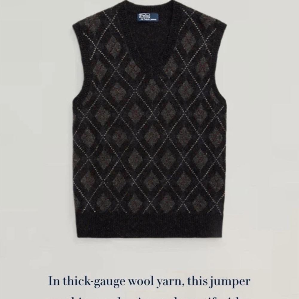 Ralph Lauren Grey 100% Wool Argyle Sweater Vest Sz Small